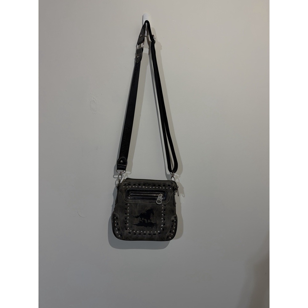Montana West Leather Purse With Horse design Distressed Gray Bling Cross body